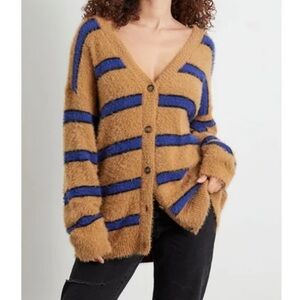 RVCA Here We Are Cardigan V-neck Wide Stripes Sweater Oversized Tan Blue Size XS